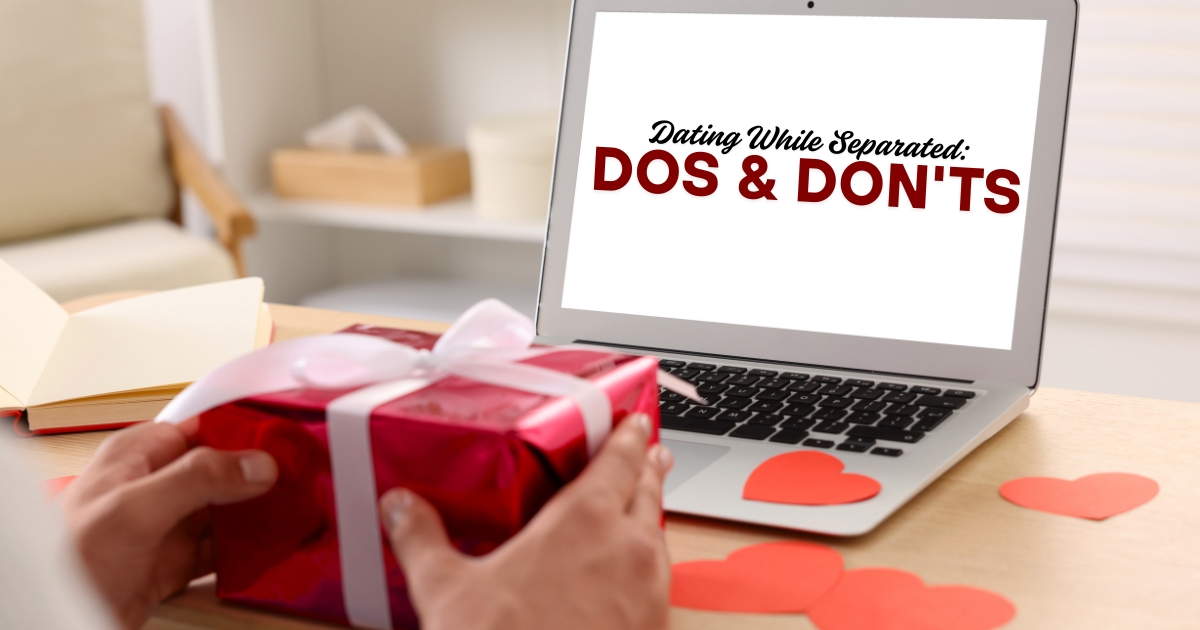 Person holding a romantic gift in front of a laptop displaying “Dating While Separated: Dos & Don’ts,” symbolizing virtual romance and relationship guidance during separation.