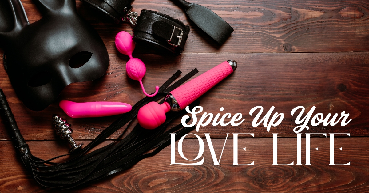 40 How To Bring Toys Into The Bedroom To Spice Up Your Love Life - Mature Singles Finding Love Assortment of adult toys including vibrators, handcuffs, a whip, a mask, and a paddle arranged on a wooden surface, with the text 'Spice Up Your Love Life' displayed on the right.