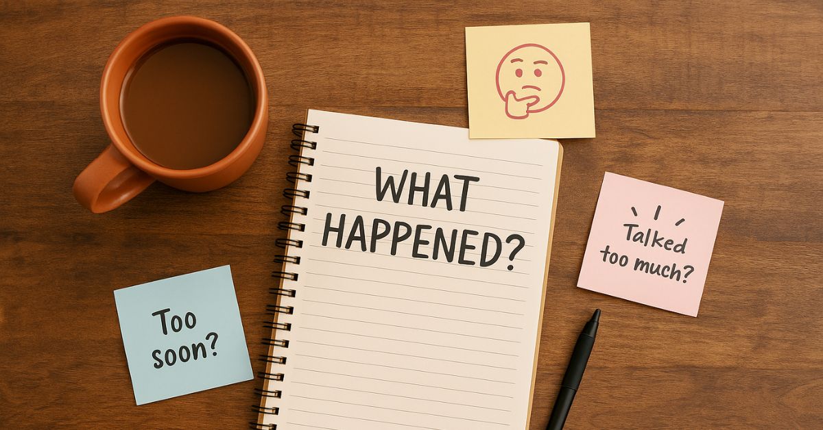 5 Reasons Why There You Didnt Get Called For A Second Date - Mature Singles Finding Love Notebook with 'What happened?' written on it, surrounded by sticky notes with dating doubts like 'Too soon?' and 'Talked too much?', and a cup of coffee on a wooden table.