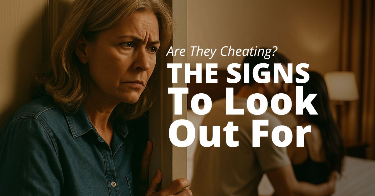 Are They Cheating_ The Signs To Look Out For - Mature Singles Finding Love Signs of cheating concept – concerned woman eavesdropping while her partner embraces someone else, with text ‘Are They Cheating? The Signs to Look Out For’.