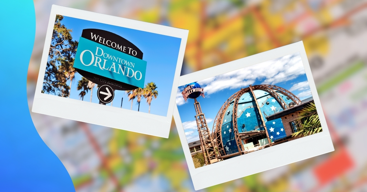 Welcome sign for Downtown Orlando with palm trees and a clear blue sky in the background.