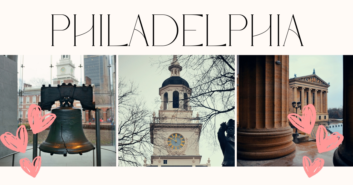 Romantic landmarks in Philadelphia including the Liberty Bell, Independence Hall clock tower, and Philadelphia Museum of Art – ideal date night destinations for couples