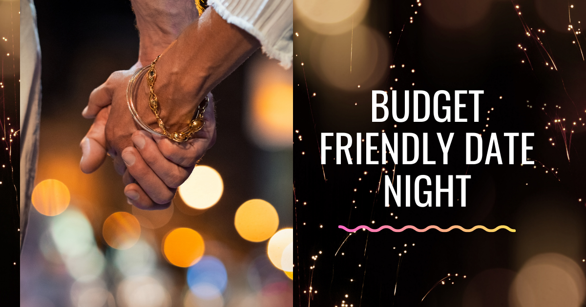 Budget-Friendly Date Night Ideas For People Over 50 - Mature Singles Finding Love Close-up of a couple holding hands, with warm bokeh lights in the background. The text on the right reads 'Budget Friendly Date Night' with colorful wavy lines below the text