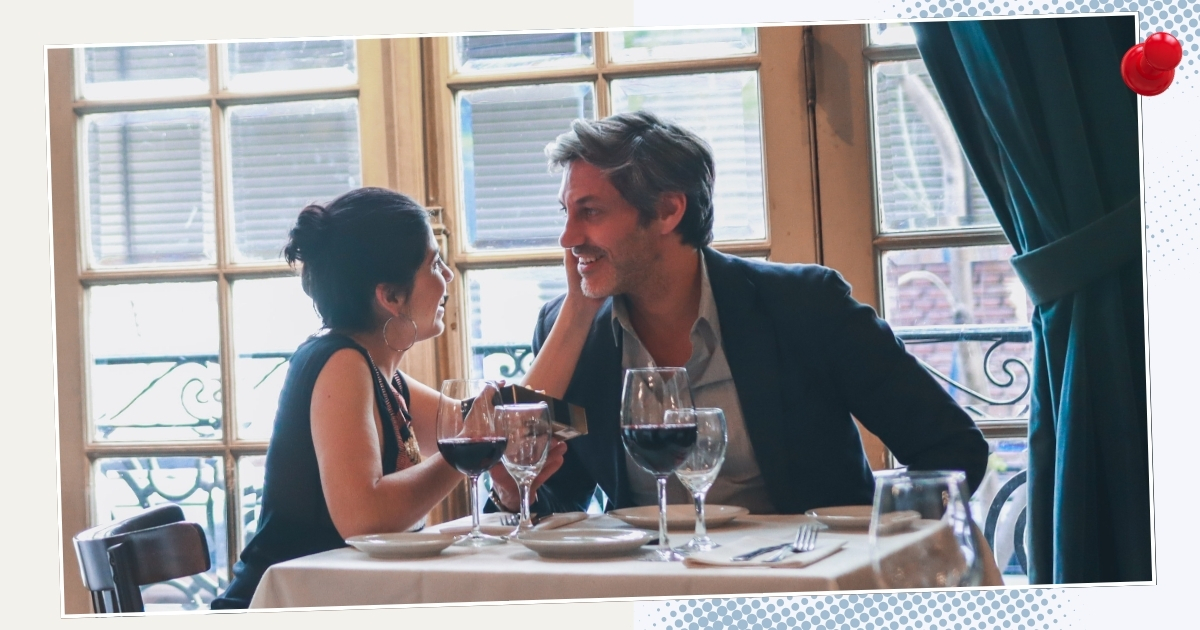 Mature couple enjoying romantic dinner date, building dating confidence later in life