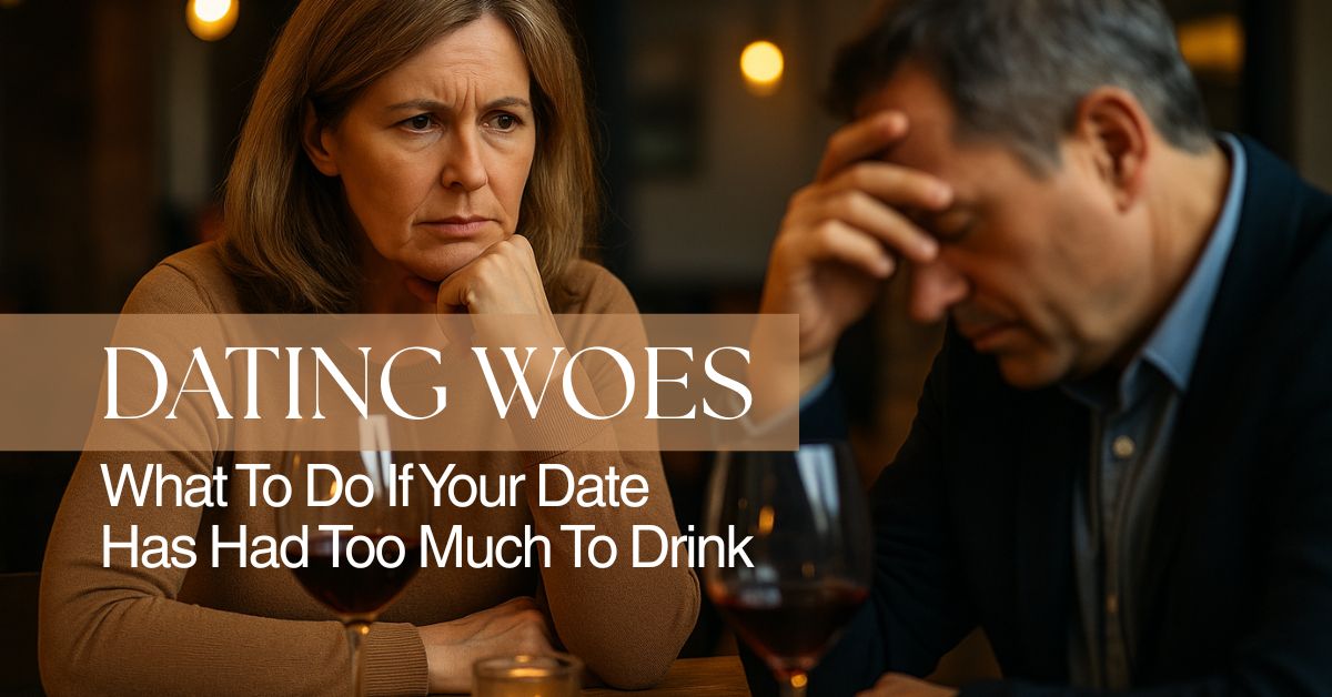 Concerned woman sitting at a table with an intoxicated date, both with wine glasses in front of them.