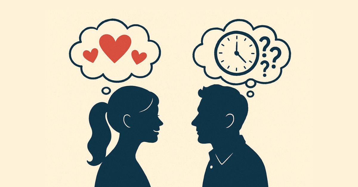 Illustration of a woman and man facing each other, with thought bubbles above their heads—hers showing hearts and his showing a clock with question marks—symbolizing different emotional approaches to love and timing.