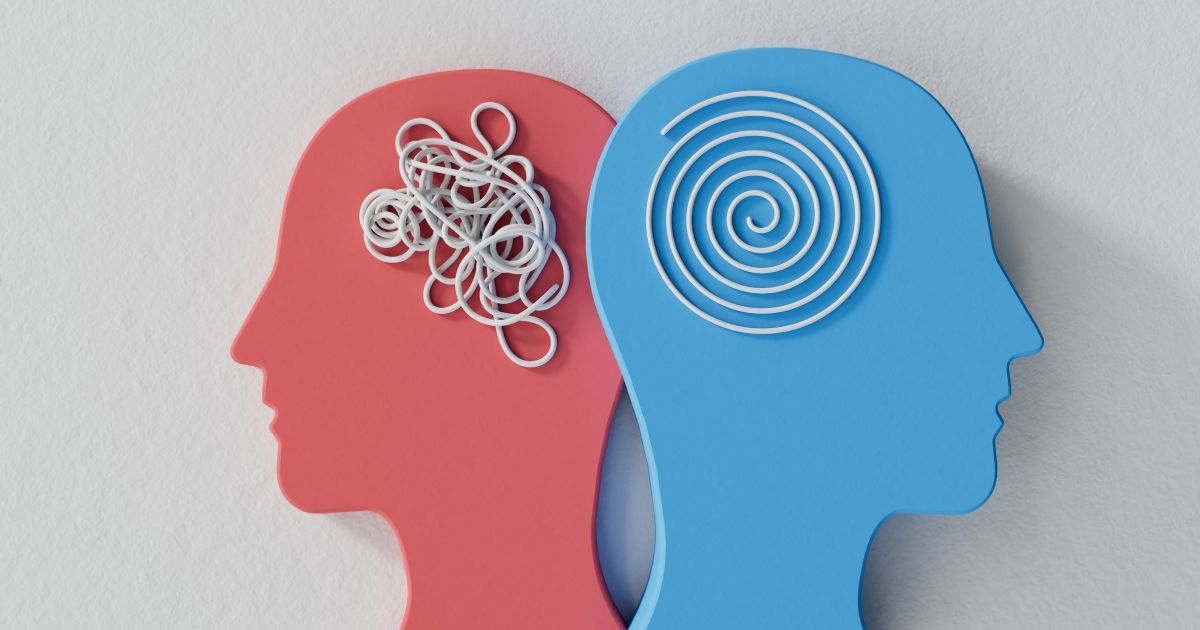 Heart and Mind in Harmony_ Balancing Mental Health and Dating - Mature Singles Finding Love Illustration of two human profiles with tangled and spiral lines in their brains, representing the balance between mental health and emotional clarity in dating.