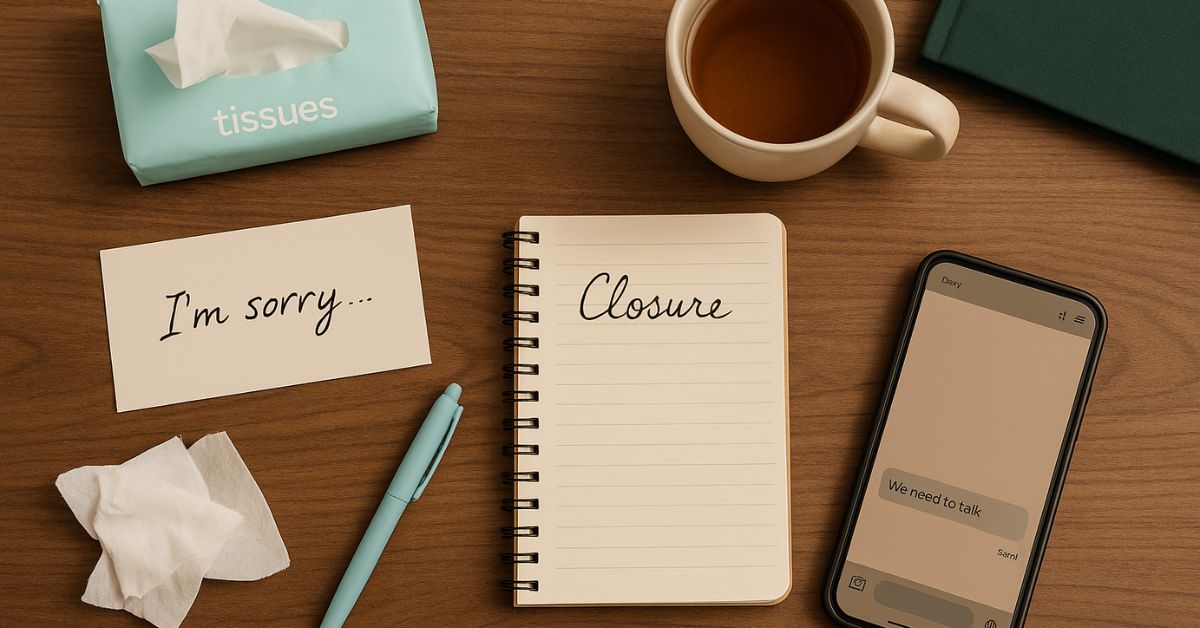 Breakup and emotional closure concept with tissues, coffee, handwritten 'I'm sorry' note, notebook titled 'Closure', and phone message saying 'We need to talk' on a wooden table.