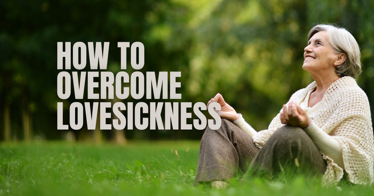 How To Overcome Lovesickness - Mature Singles Finding Love Smiling older woman sitting on grass with arms open, practicing mindfulness – How to Overcome Lovesickness.