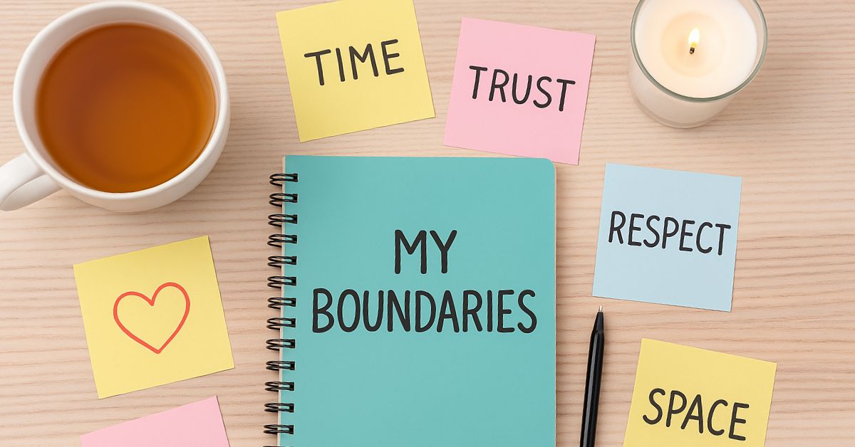 Flat lay of a notebook labeled 'My Boundaries' surrounded by sticky notes with words like time, trust, respect, space, and a cup of tea, symbolizing healthy relationship boundaries.