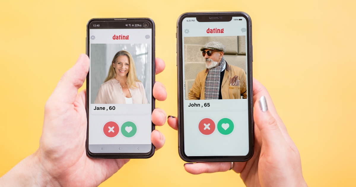 How to Navigate Modern Dating While Honoring Traditional Values - Mature Singles Finding Love Online dating app profiles of older adults on mobile phones, showing a woman aged 60 and a man aged 65.