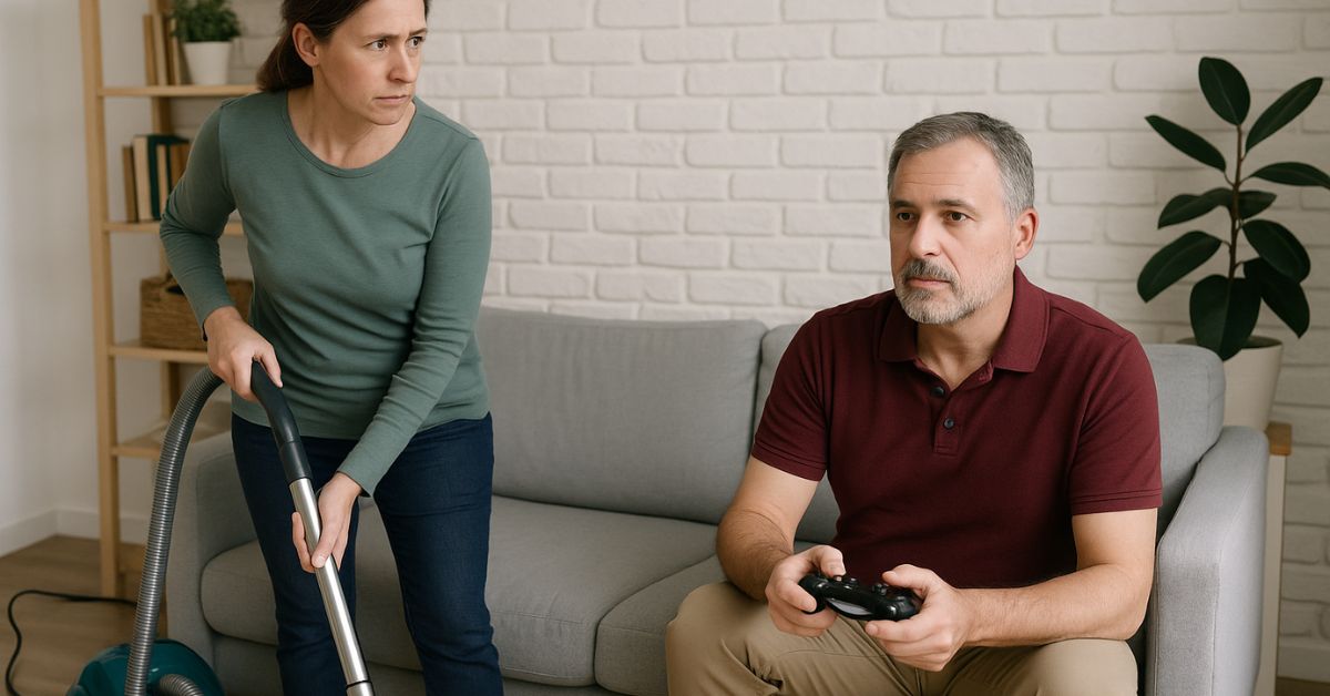 Frustrated woman vacuuming while middle-aged man plays video games on the couch, highlighting relationship imbalance and signs of an immature partner.