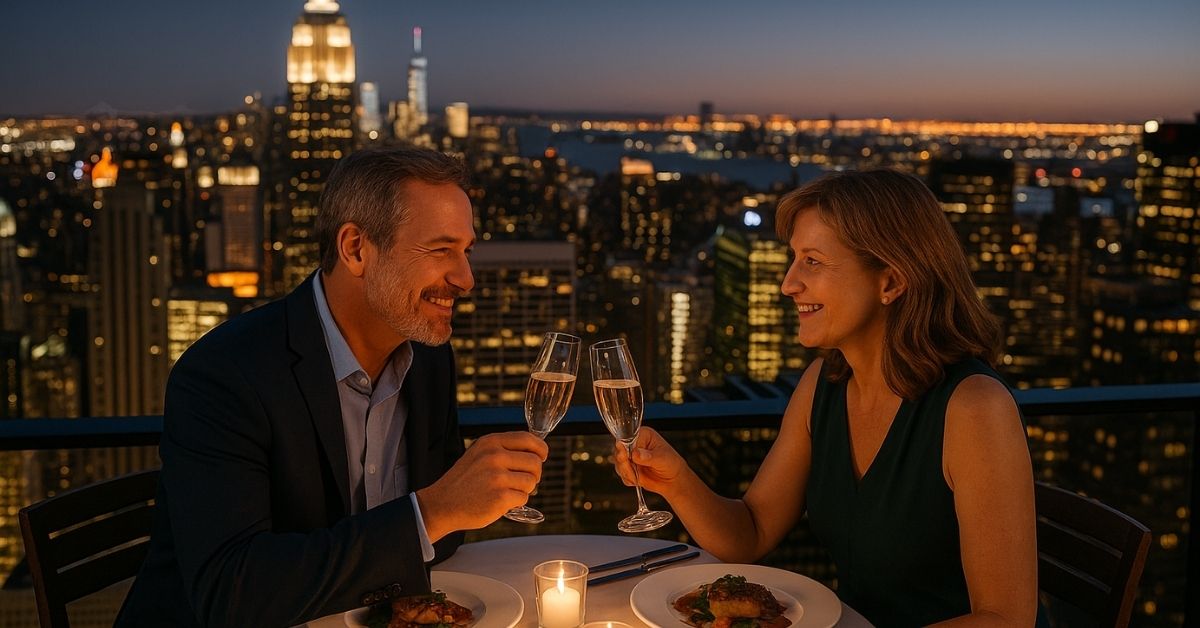 Smiling couple enjoying a romantic rooftop dinner with champagne, overlooking the New York City skyline at sunset.