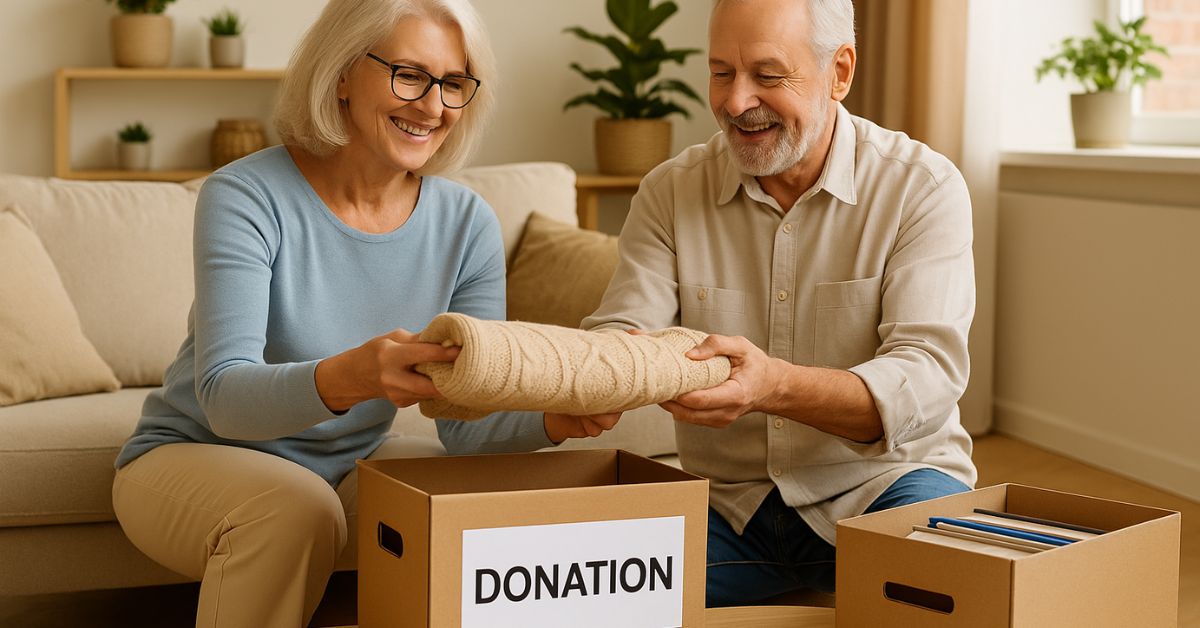 Smiling senior couple sorting items for donation, placing a folded sweater into a labeled donation box in a cozy living room.