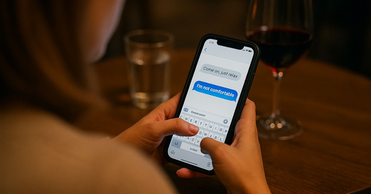 Woman holding a smartphone at a table with wine and water, replying “I’m not comfortable” to a message that says “Come on, just relax,” illustrating how to assert boundaries during a pushy date.