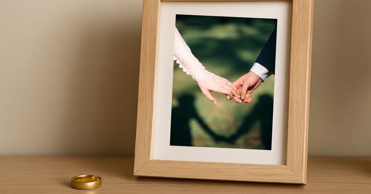 Framed wedding photo of a bride and groom holding hands, placed on a wooden surface with a gold wedding ring set beside it, symbolizing reflection after divorce or separation.