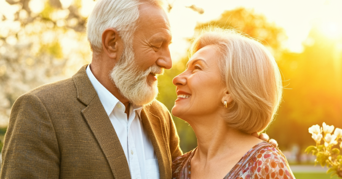 Happy senior couple smiling and looking at each other with love in a sunny outdoor setting.