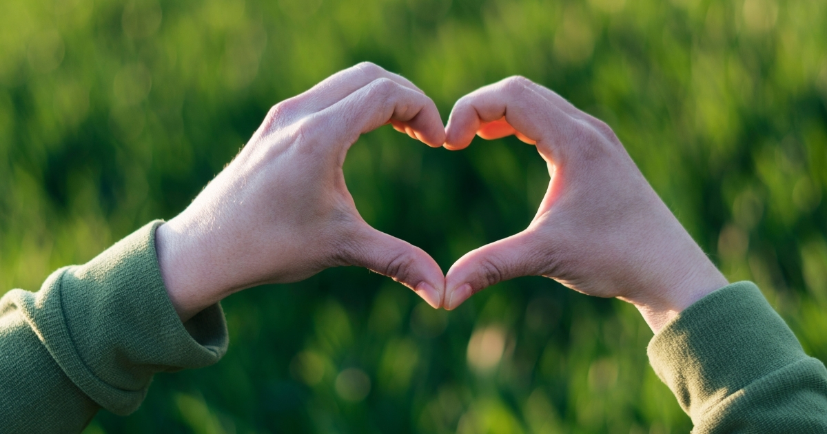 Inspirational Ways To Say _I Love You_ Without Words - Mature Singles Finding Love Hands forming a heart shape against a green, blurred background, symbolizing love and connection.