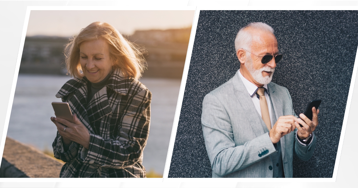 Long-Distance Love After 60_ Making It Work - Mature Singles Finding Love Smiling senior woman and man using smartphones in different locations, representing a long-distance relationship after 60.