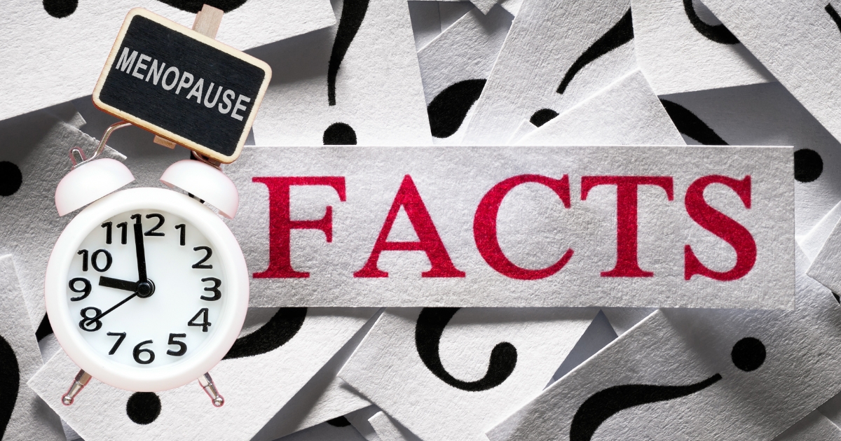 Menopause Myths_ Finding Facts Among Fiction - Mature Singles Finding Love Clock and sign labeled 'Menopause' next to bold red text 'Facts' on a background of question marks, representing uncovering menopause myths and truths.