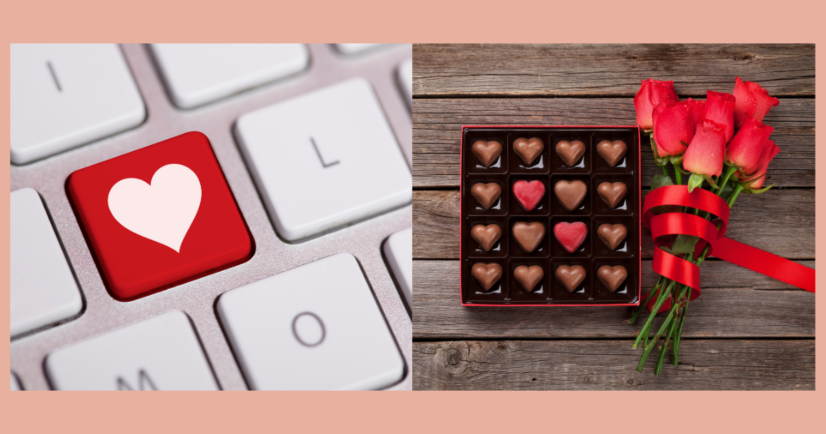 Online vs Traditional Dating_ What Works Best for People In Their Golden Years - Mature Singles Finding Love A split image comparing online and traditional dating: on the left, a keyboard with a red key featuring a white heart symbol; on the right, a box of heart-shaped chocolates and a bouquet of red roses tied with a ribbon on a wooden table