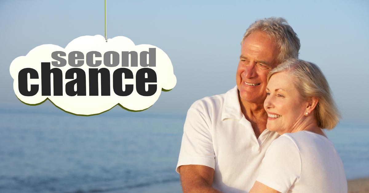 Second Chances at Love_ How Mature Adults Are Rekindling Romance - Mature Singles Finding Love Smiling older couple embracing by the beach with “Second Chance” text, symbolizing rekindled romance and love after 50.