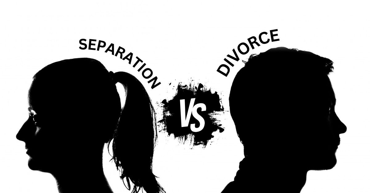 Separation Vs Divorce_ Which Is Better - Mature Singles Finding Love Silhouette of a man and woman facing opposite directions with 'Separation vs Divorce' text, symbolizing relationship crossroads and decision-making.