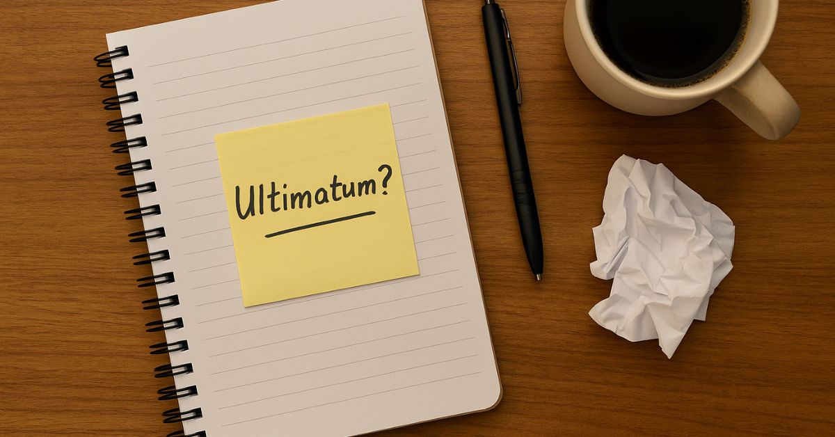 Should You GIve Your Lazy Partner An Ultimatum - Mature Singles Finding Love Notebook with sticky note reading 'Ultimatum?' next to coffee cup and pen on wooden desk