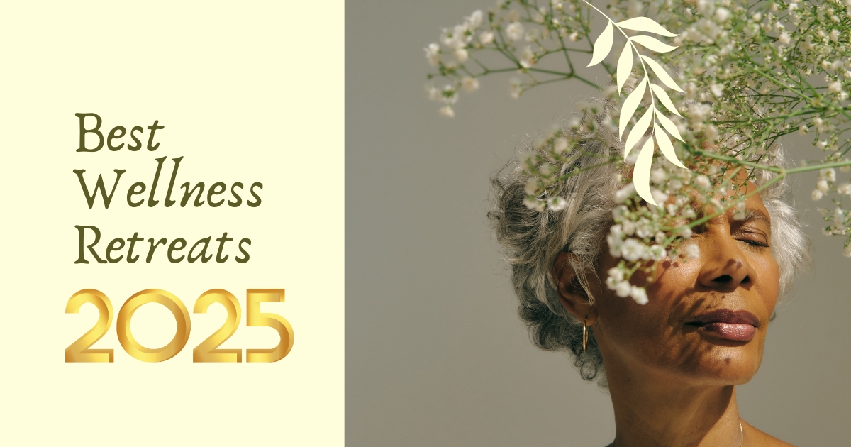 Elegant senior woman with silver hair enjoying nature, promoting best wellness retreats for older adults in 2025.