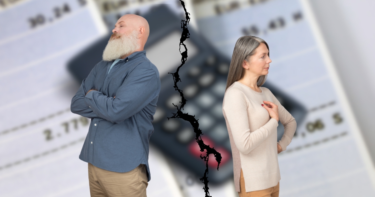 The Financial Side of Splitting Up After Years Together - Mature Singles Finding Love Older couple facing away from each other with a symbolic crack between them, representing financial separation and divorce after a long-term marriage.