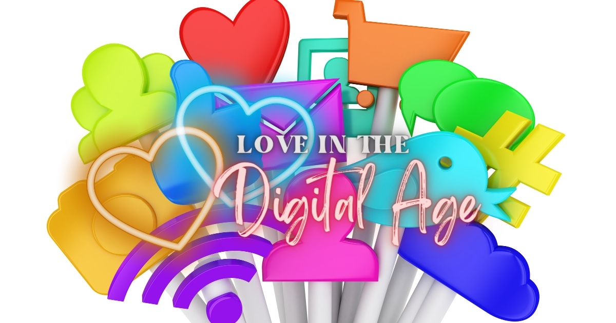 The Impact of Social Media on Modern Relationships - Mature Singles Finding Love Colorful social media icons, including hearts, hashtags, and chat bubbles, with the text 'Love in the Digital Age,' symbolizing modern relationships influenced by social media.