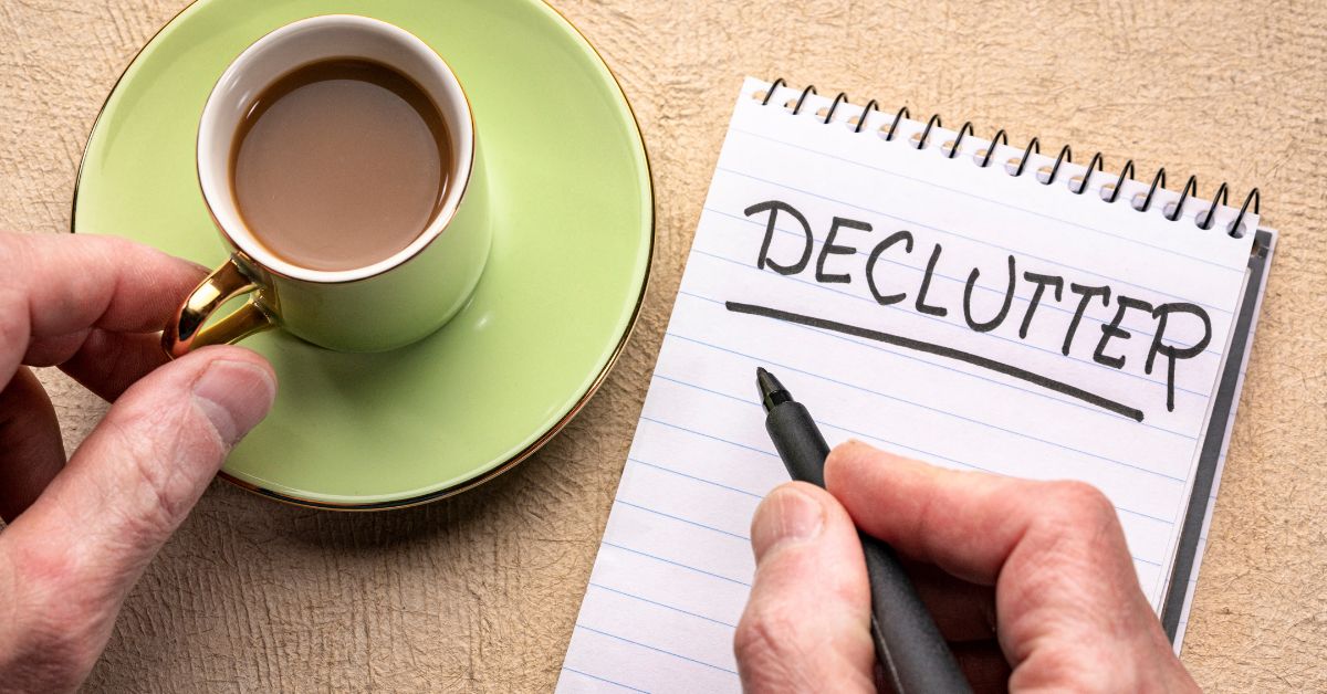 The Joy of Downsizing_ Simplifying Your Life in Your Golden Years - Mature Singles Finding Love Person holding a green cup of coffee while writing the word “DECLUTTER” in bold letters on a notepad, symbolizing the process of simplifying and organizing life.