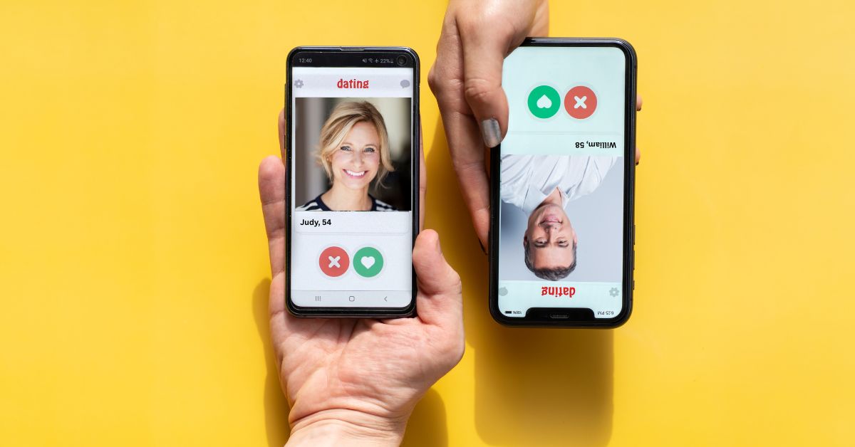 Top Gadgets and Apps to Make Life Easier for Mature Singles - Mature Singles Finding Love Hands holding smartphones showing dating app profiles for mature singles over 50 on bright yellow background.