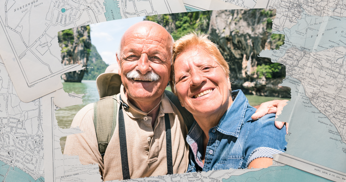 Travel Tips for Older Couples_ Exploring the World Together - Mature Singles Finding Love An older couple smiling while posing outdoors with a scenic rocky landscape and water in the background, framed by a collage of vintage map pieces, symbolizing travel and exploration.