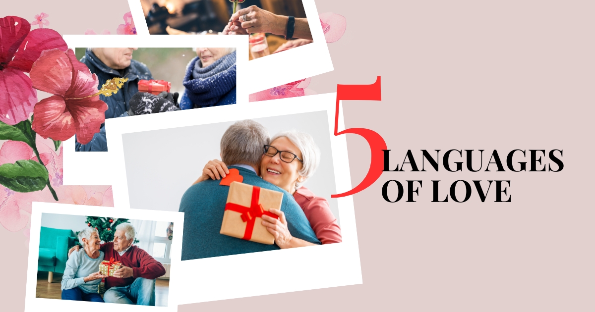 What Are The 5 Love Languages - Mature Singles Finding Love Collage of senior couples expressing love through gifts, hugs, and quality time with the text '5 Languages of Love,' representing different love languages.