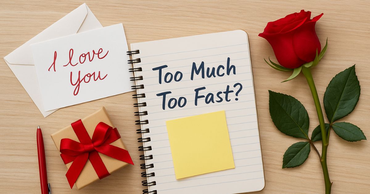 Romantic setup with a rose, gift, ‘I love you’ card, and a notebook asking ‘Too Much Too Fast?’, illustrating the concept of love bombing in relationships.