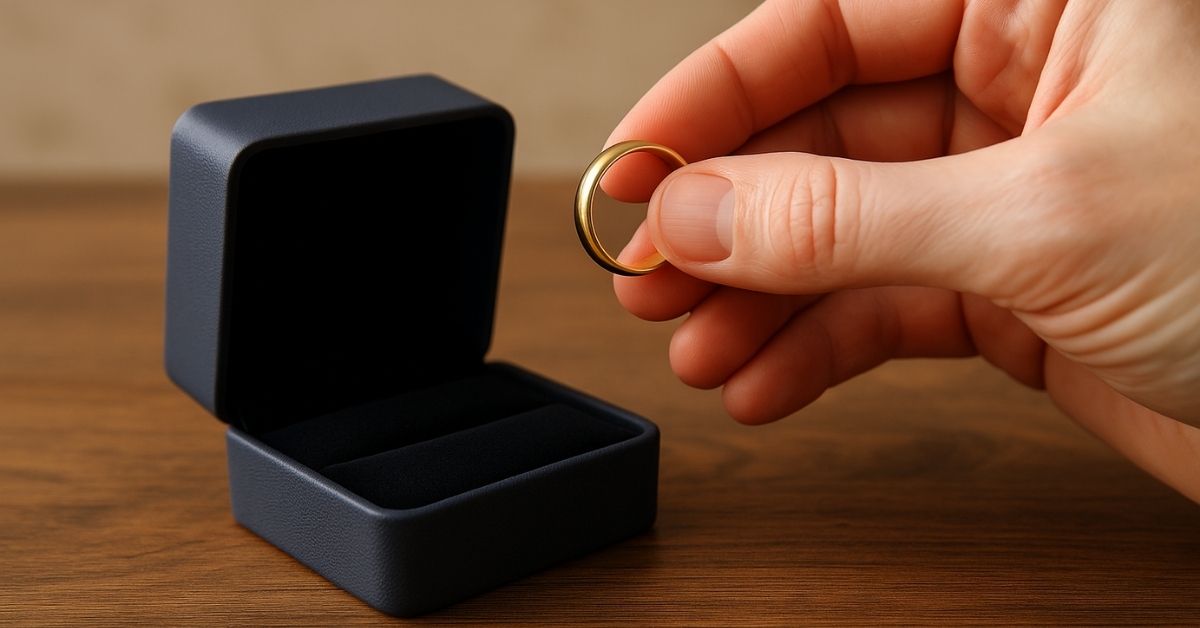 What To Do With Your Wedding Ring After Divorce - Mature Singles Finding Love Close-up of a hand holding a gold wedding ring above an open, empty ring box on a wooden table, symbolizing life after divorce and decisions about past relationships.