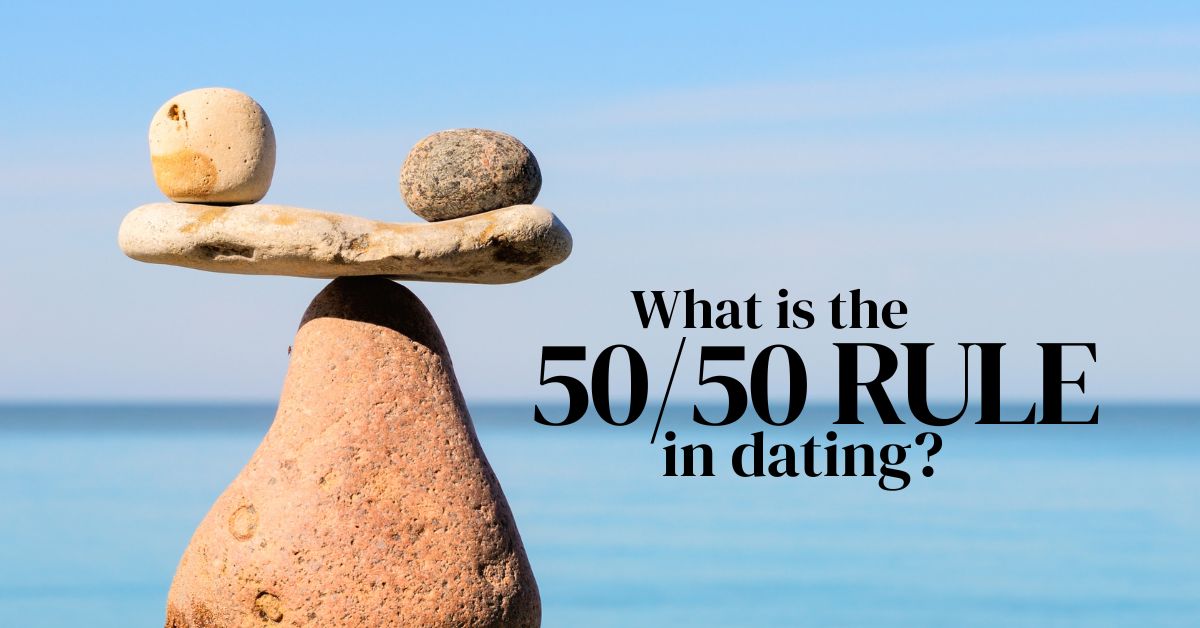 What is the 50_50 rule in dating - Mature Singles Finding Love Balanced stones by the sea symbolizing equality with text overlay: 'What is the 50/50 rule in dating?' – representing relationship balance and effort in mature dating.