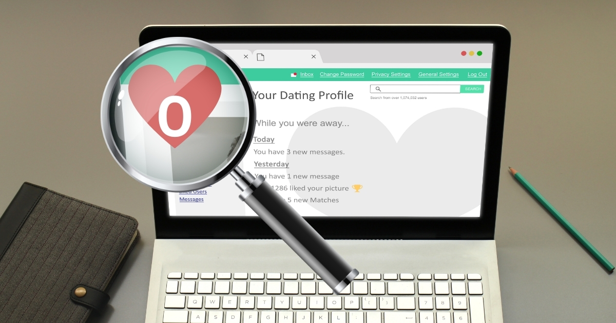 Why No One Is Clicking On Your Dating Profile - Mature Singles Finding Love Online dating profile with zero likes displayed on a laptop screen.