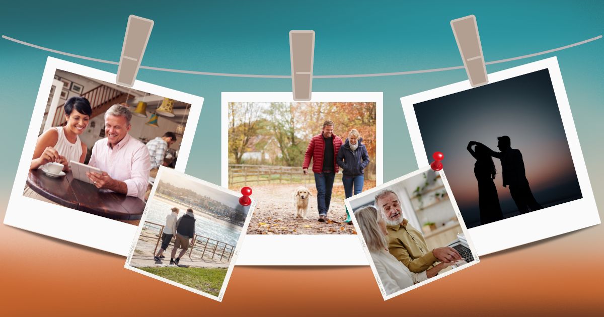 Why Your 50s Are the Best Time to Explore New Hobbies Together - Mature Singles Finding Love Middle-aged couple walking their dog in a scenic autumn park, embracing new experiences.